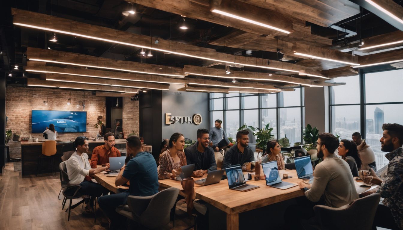 A diverse group of people conversing in a co-working space.