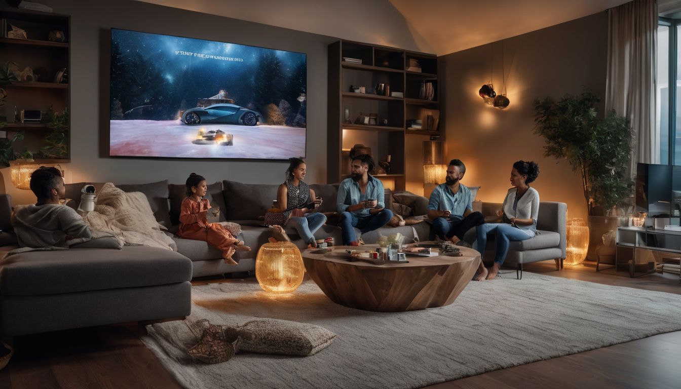 A diverse family enjoys a movie night in a futuristic living room.