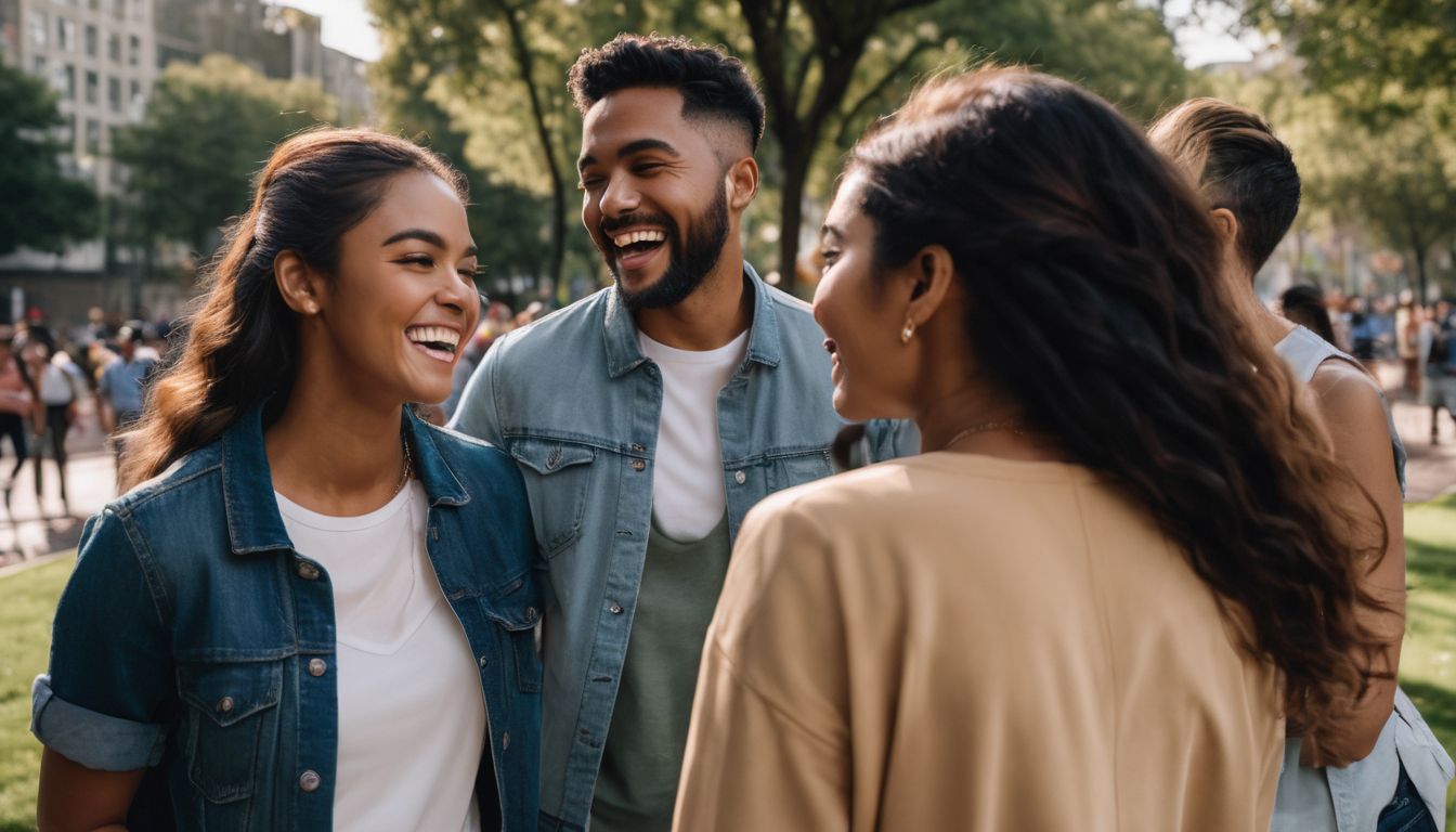 A diverse group of people laughing and interacting in a park.