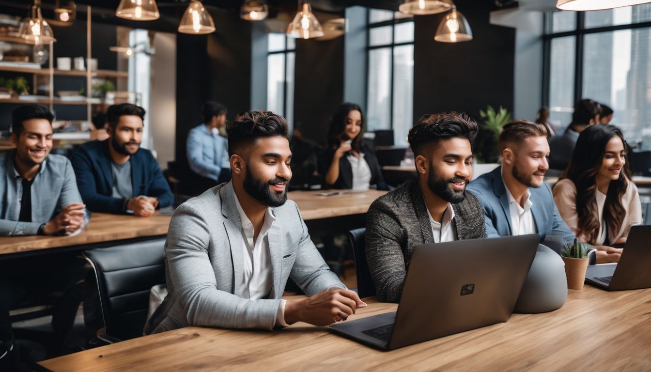 A diverse group of professionals working in a coworking space.