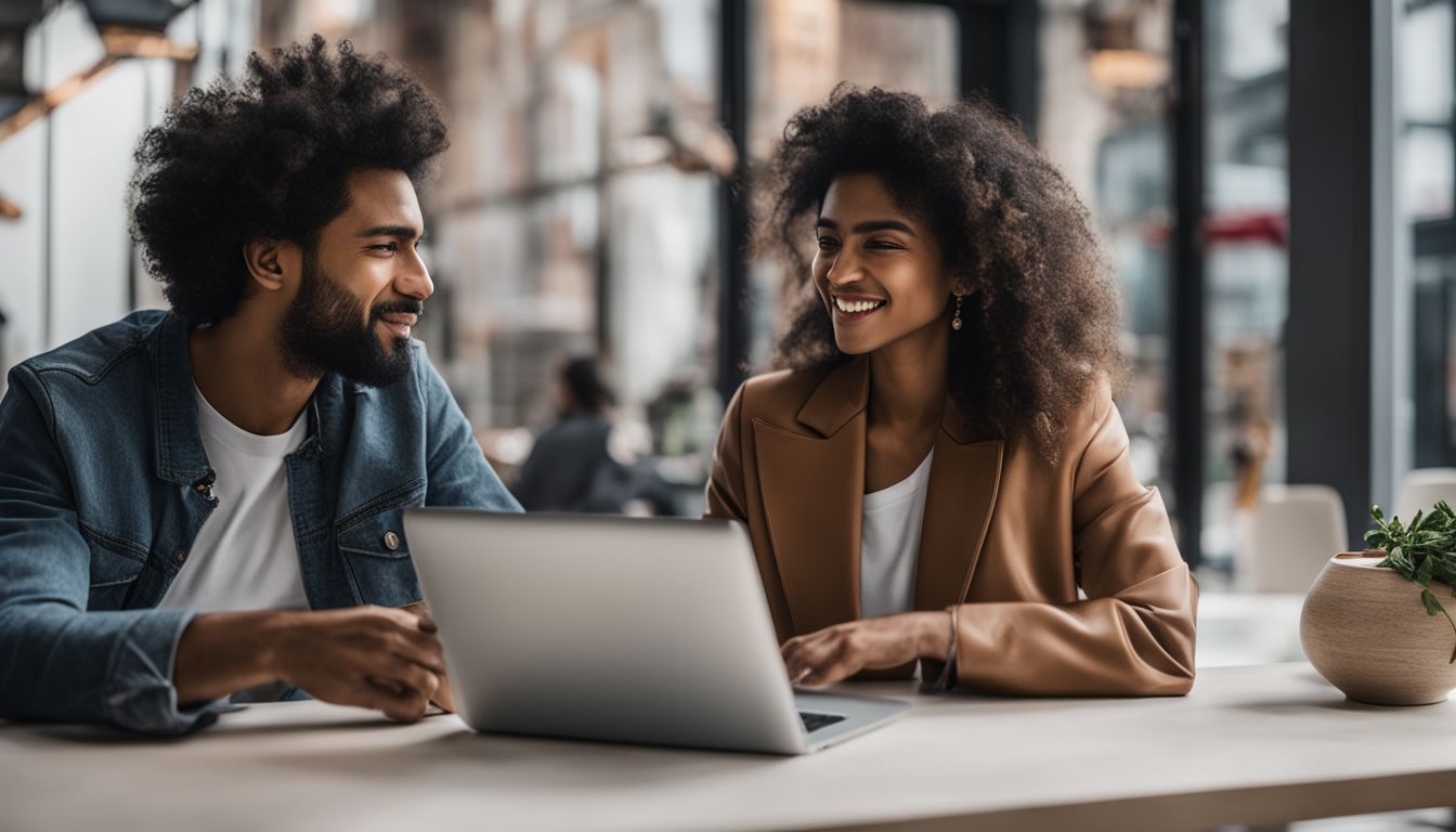 A laptop displaying a chat conversation between two people and cityscape photography.