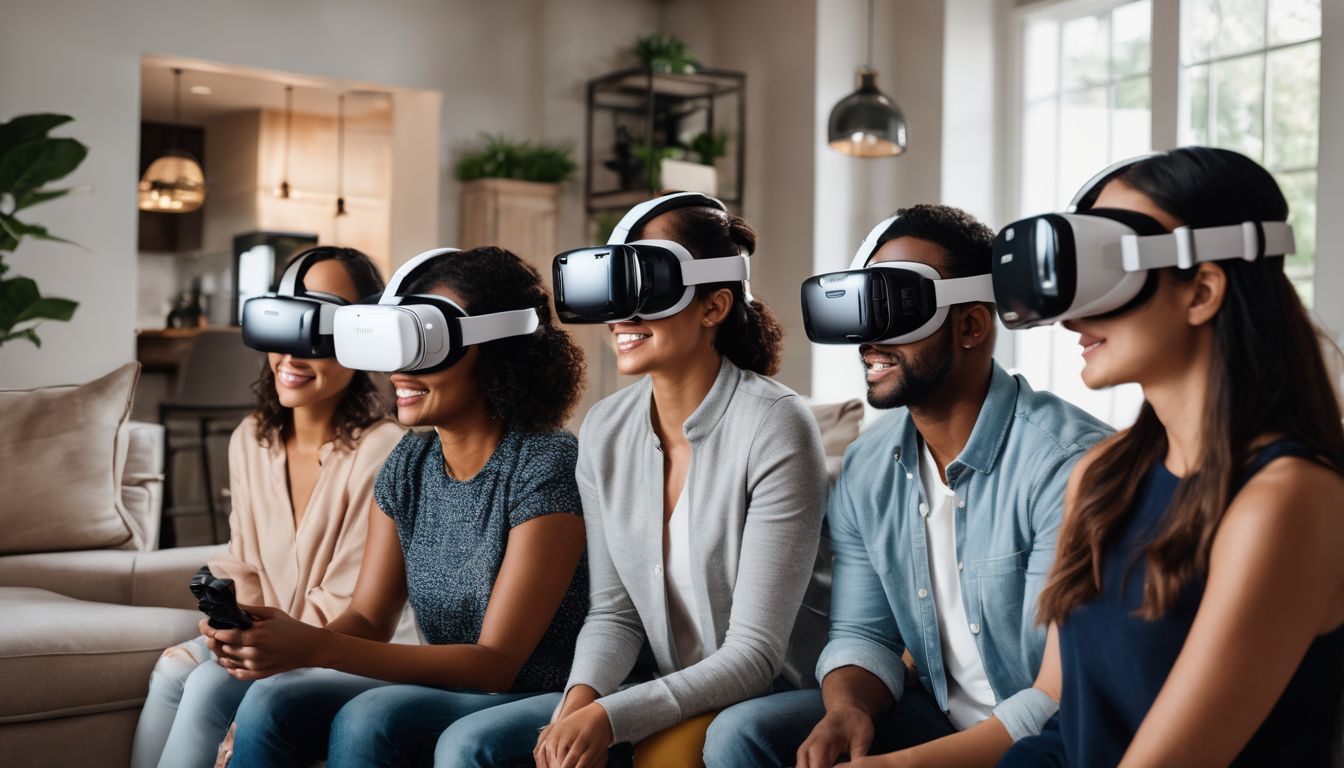 A diverse group of homebuyers use virtual reality headsets to explore a staged home.