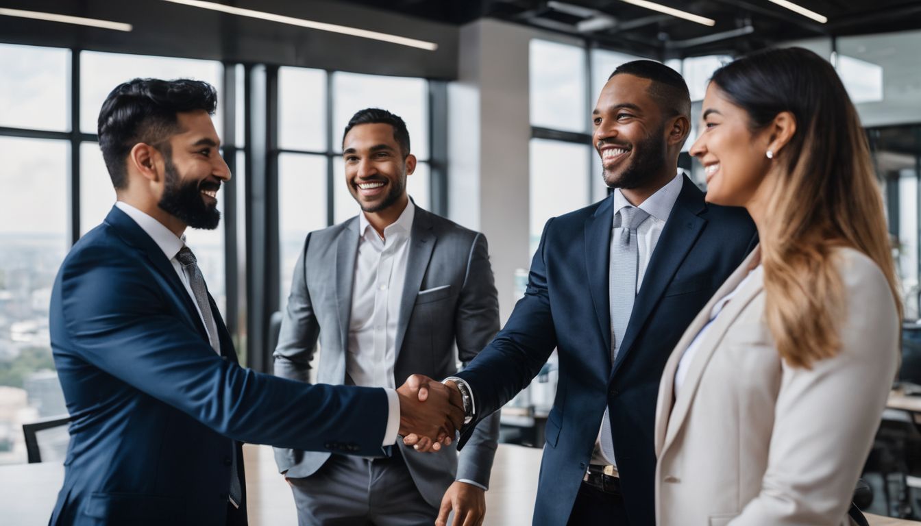 A diverse group of professionals shaking hands in a modern office.