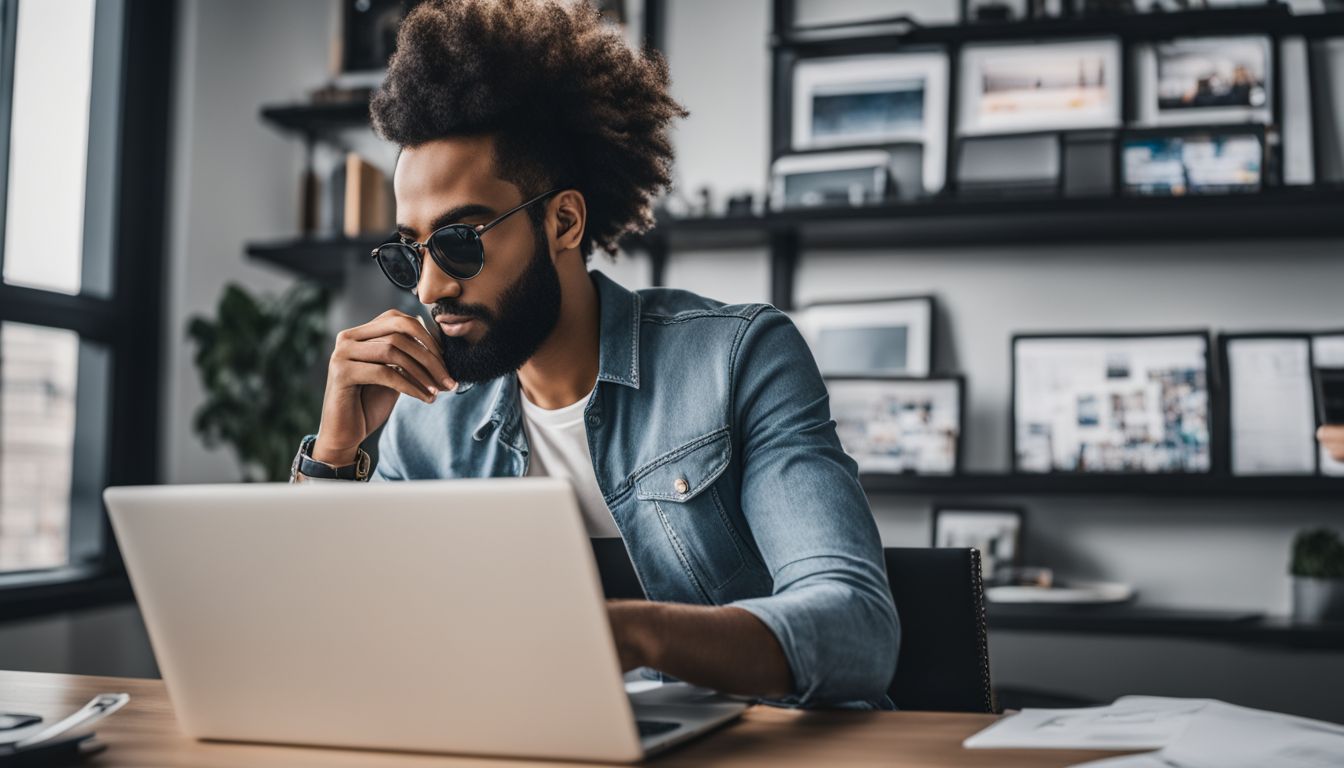 Person analyzing social media platforms and strategies in modern office.