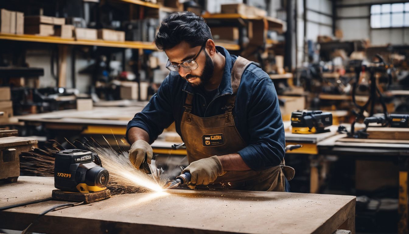 A worker in a workshop surrounded by power tools, working on a large project.