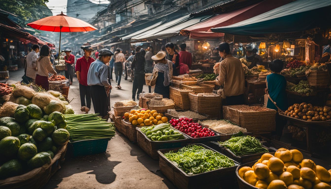 A vibrant traditional Vietnamese market bustling with activity and fresh produce.