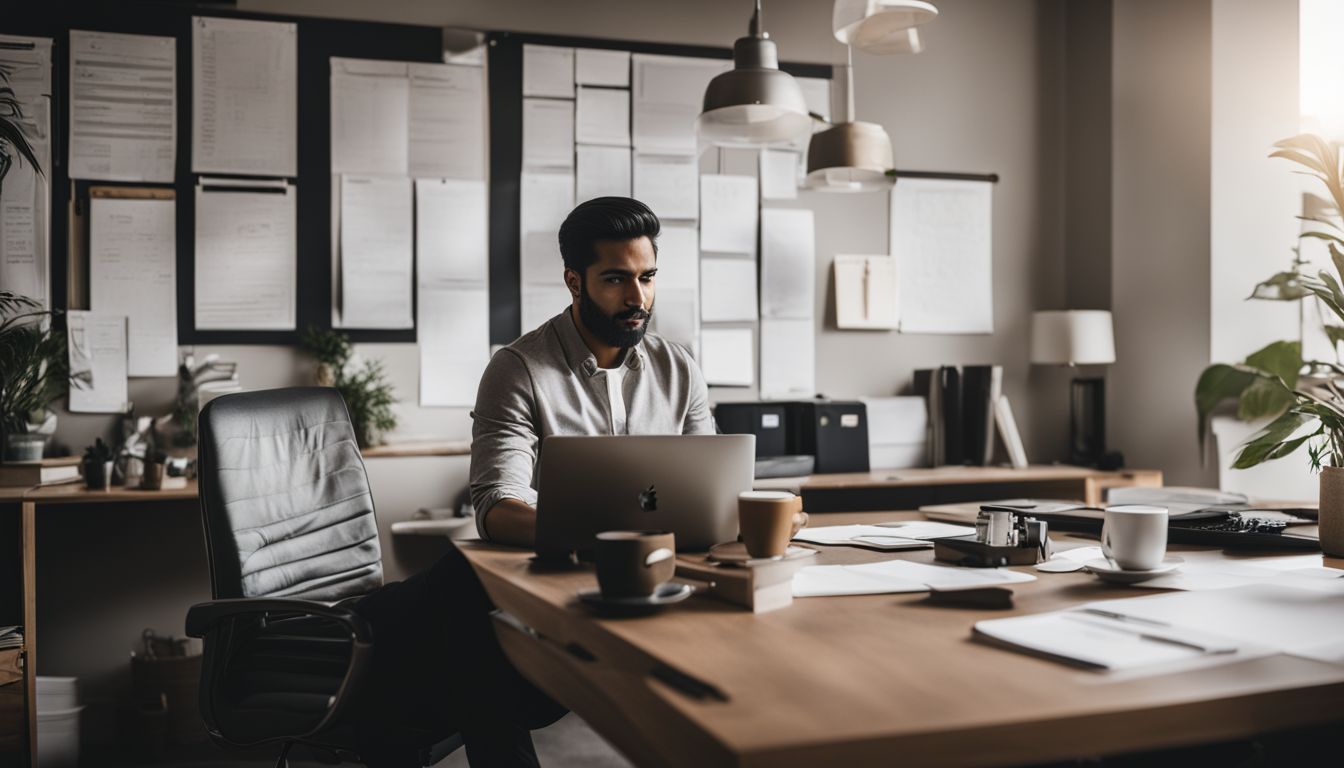 A busy office workspace with a laptop, papers, and coffee.