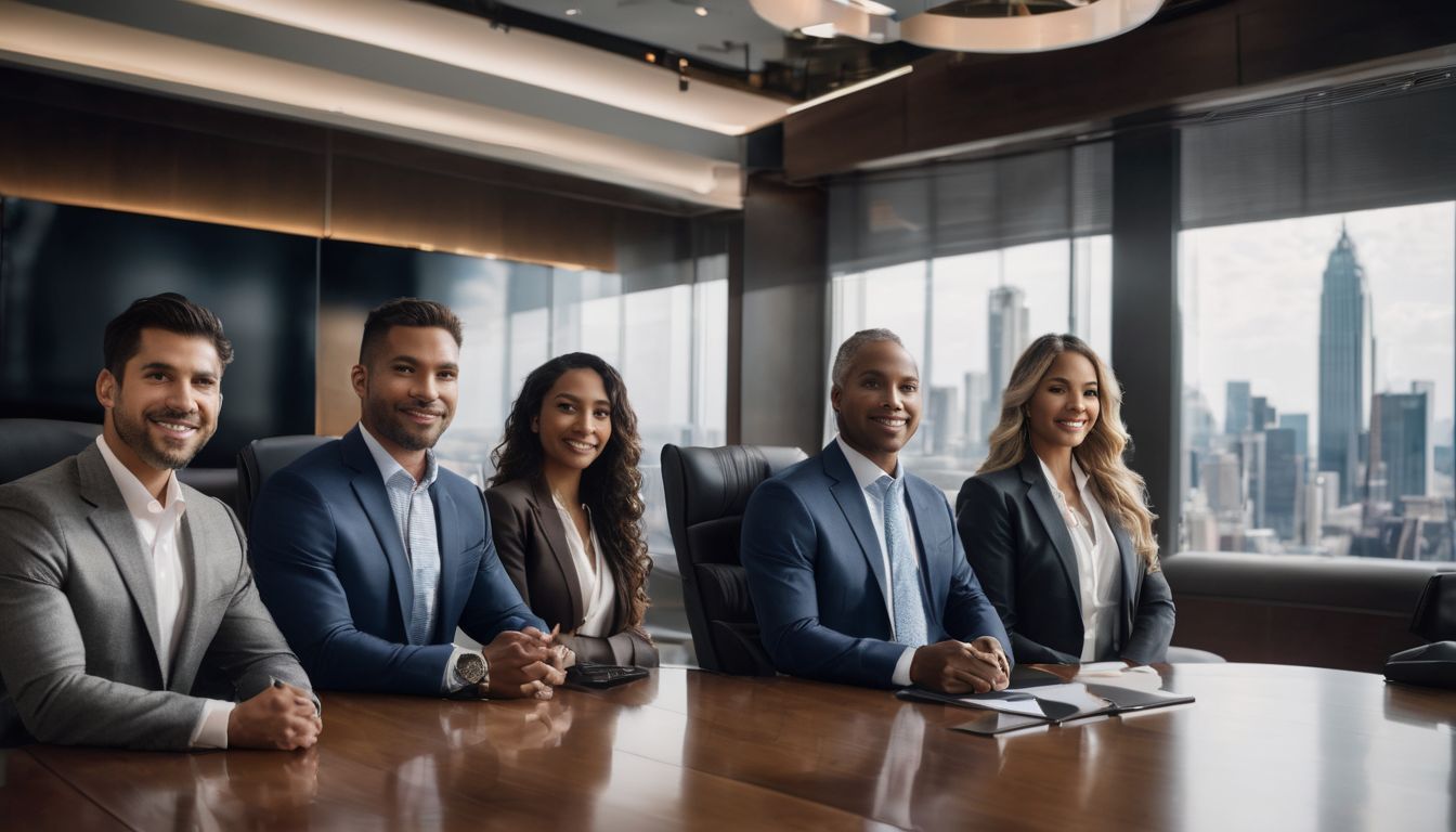 A diverse group of business professionals in a corporate boardroom.