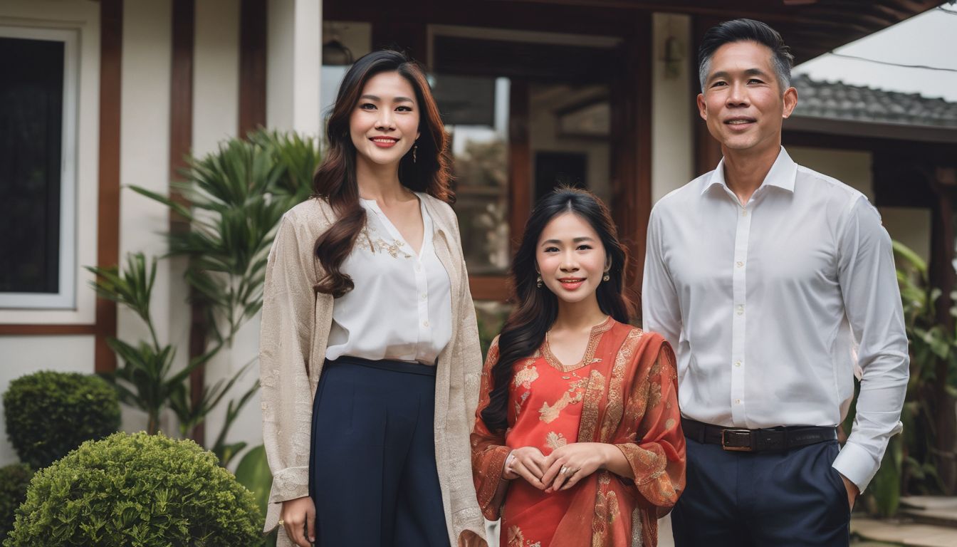 A Vietnamese family poses together outside their suburban home.