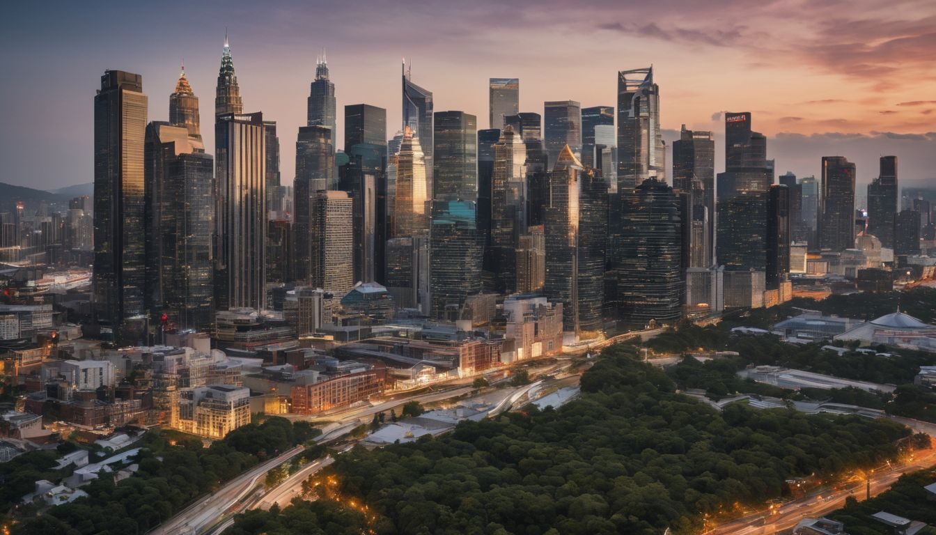 A diverse group of people in front of a modern city skyline.