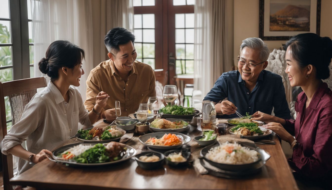 A Vietnamese family enjoying a meal together in a spacious home.