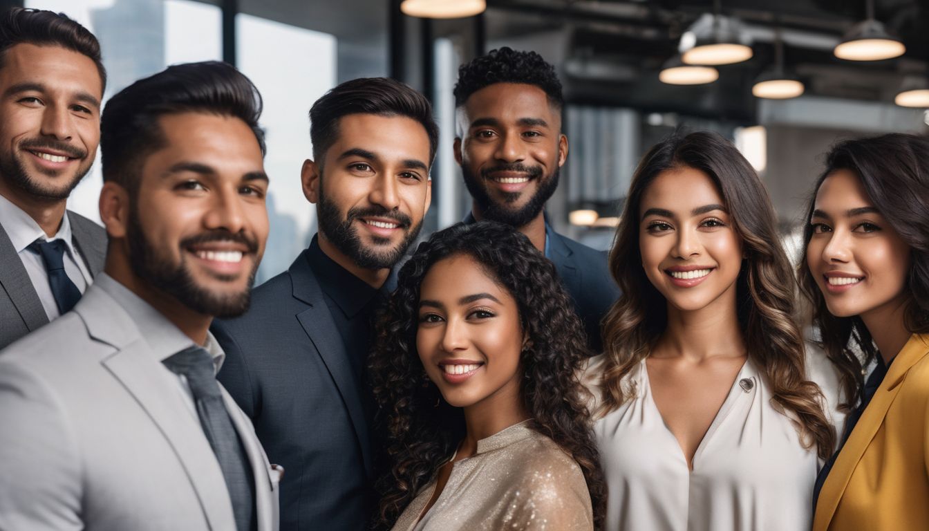 A diverse group of professionals in a modern office setting.