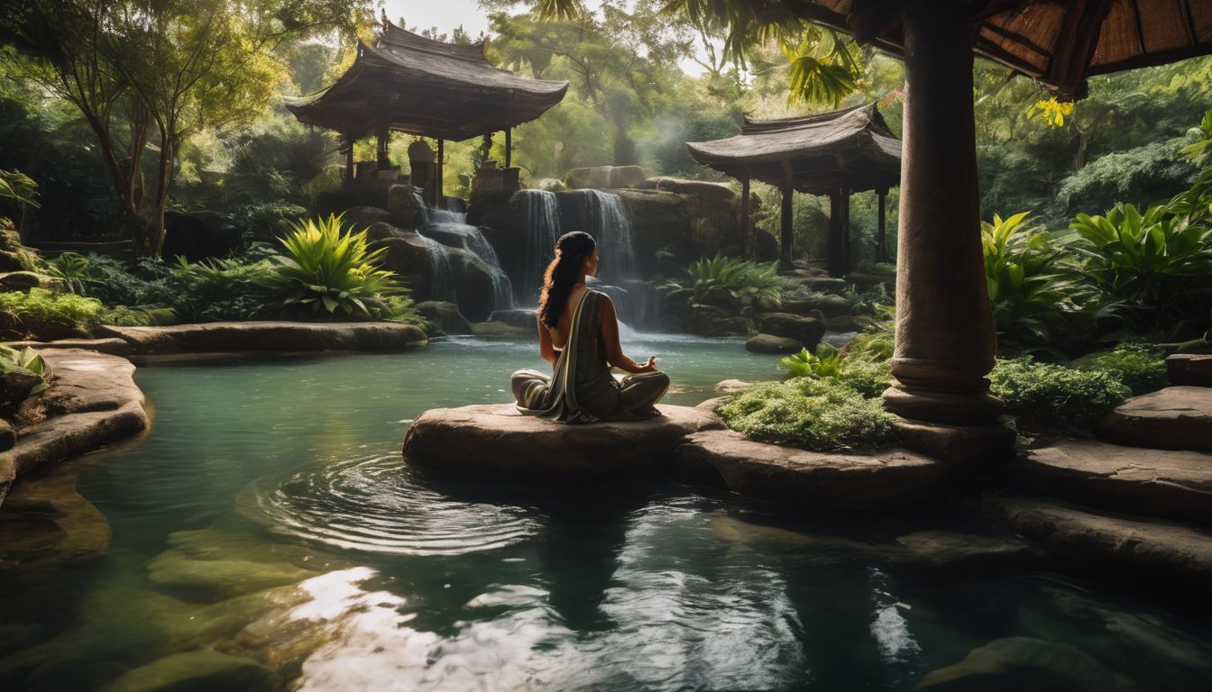 A person meditating in a serene garden surrounded by nature.