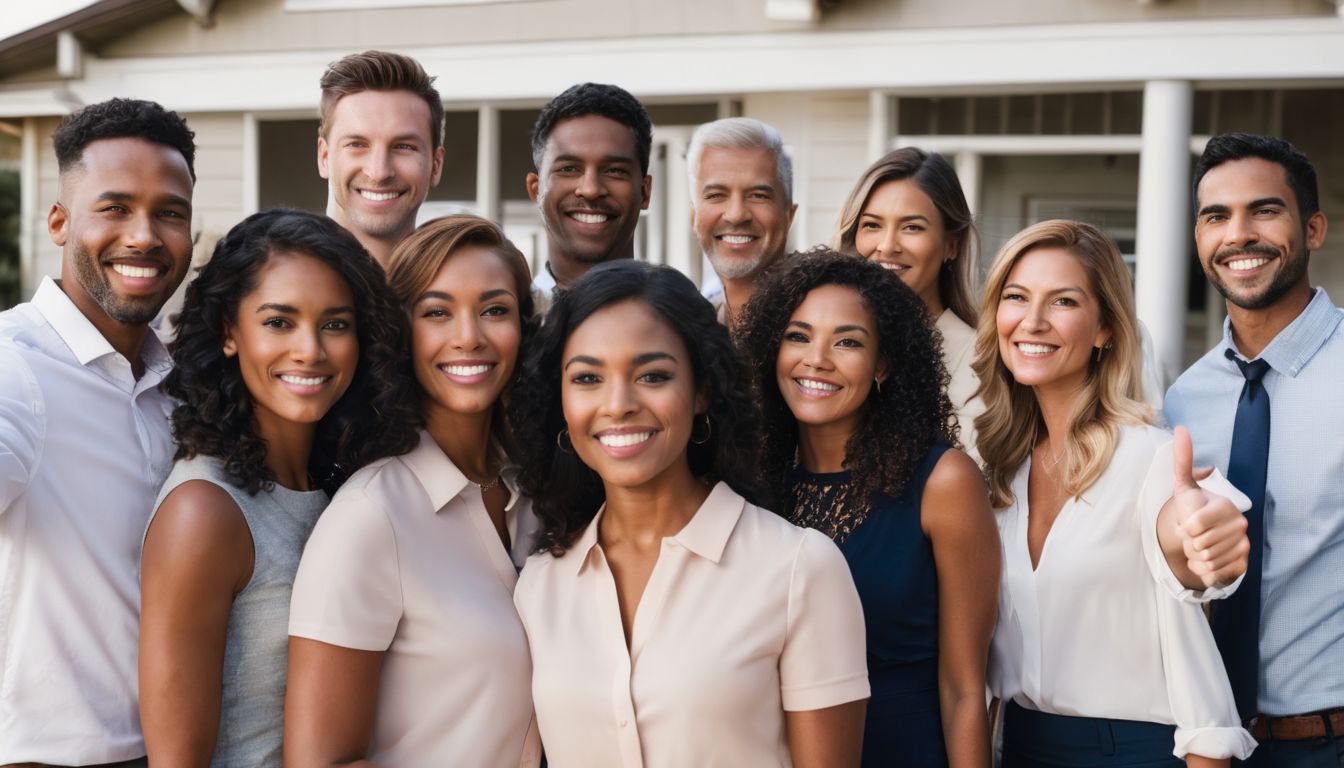 A diverse group of people showing approval in front of a real estate sign.