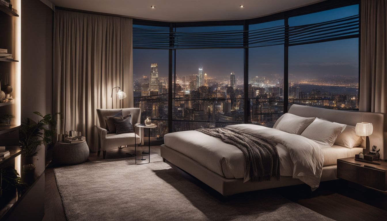 A cozy bedroom in a modern apartment overlooking a bustling cityscape.