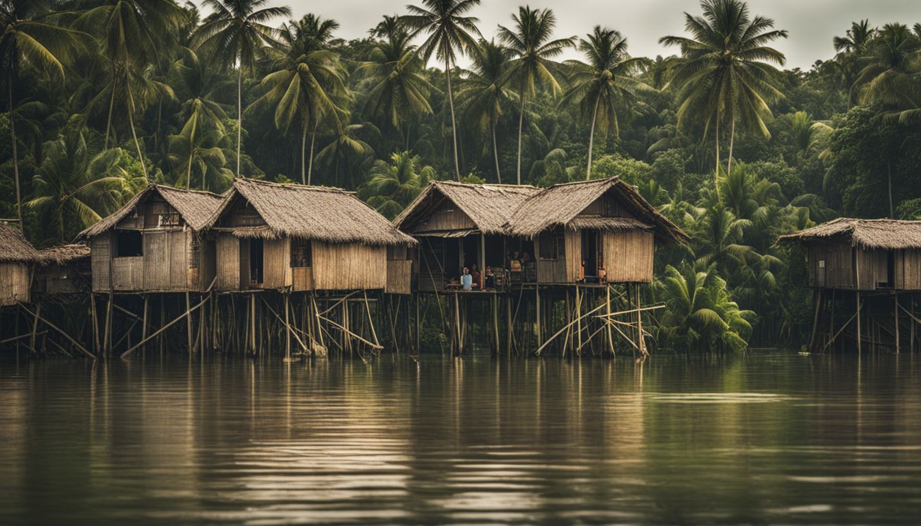 Floating houses on stilts in a flooded village surrounded by lush green landscapes.