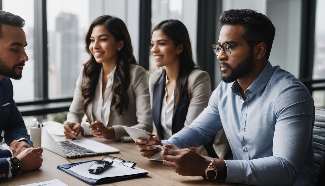 A diverse group of people discussing real estate plans in an office.