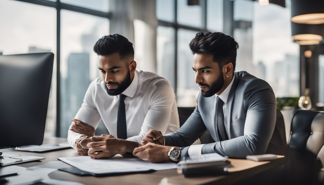 Two professionals discussing real estate plans in a modern office.