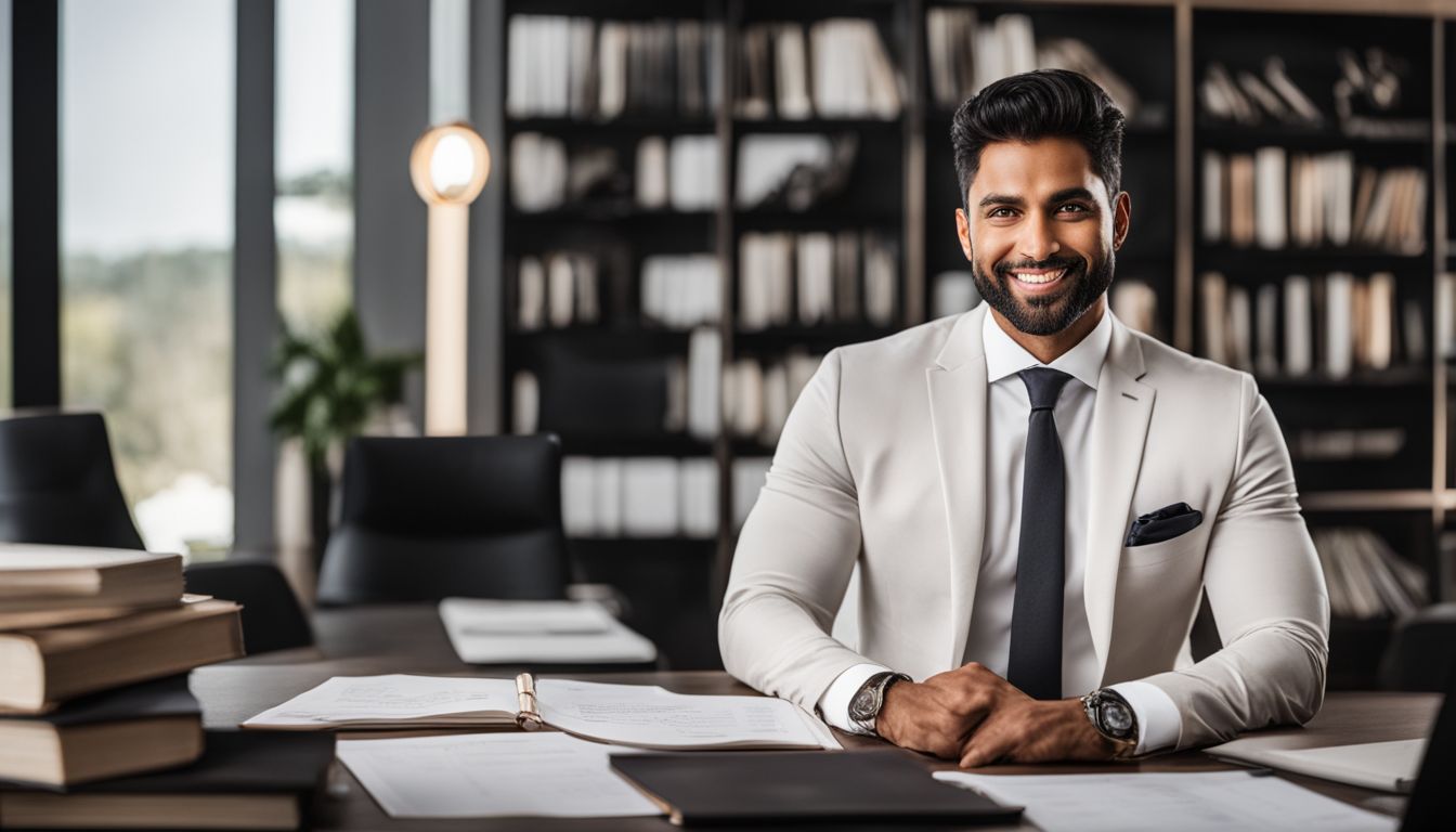 Confident real estate professional surrounded by books and charts in modern office.