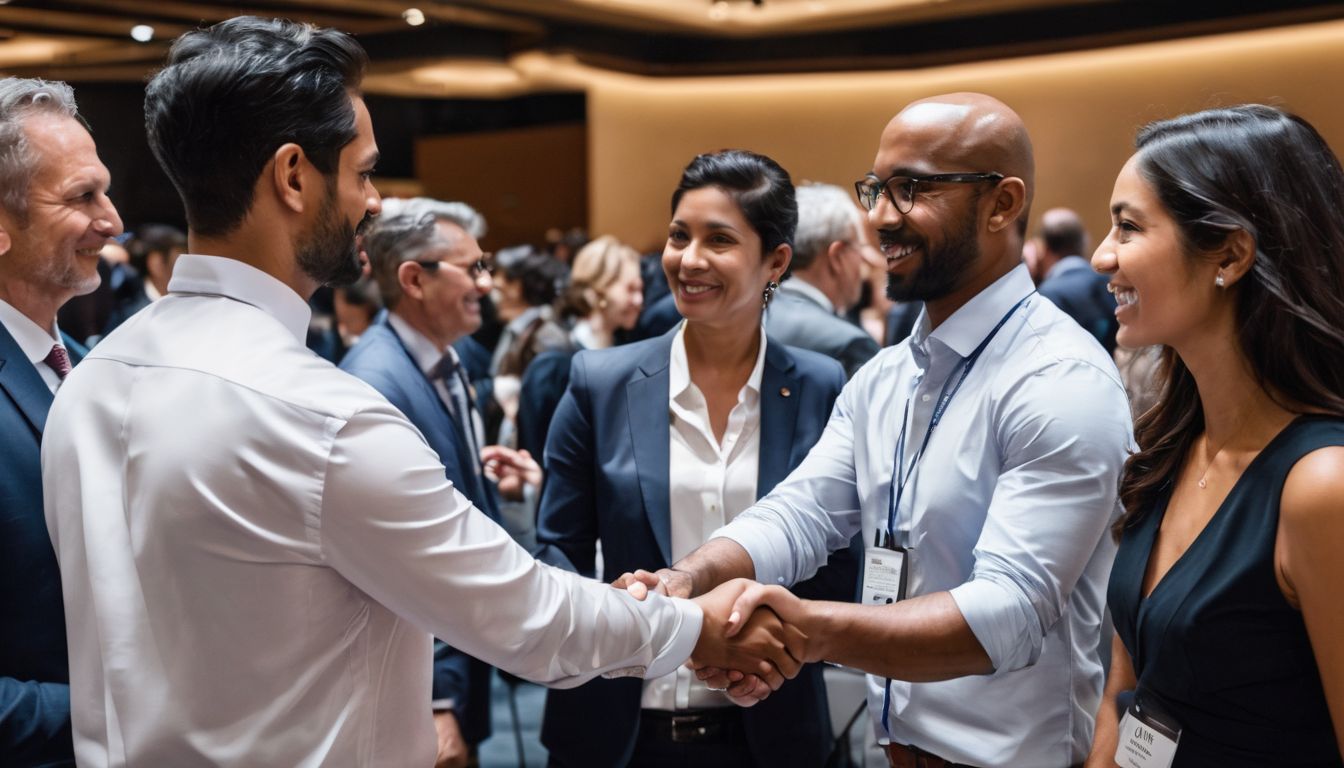 A diverse group of businessmen and women shaking hands at a global trade conference.