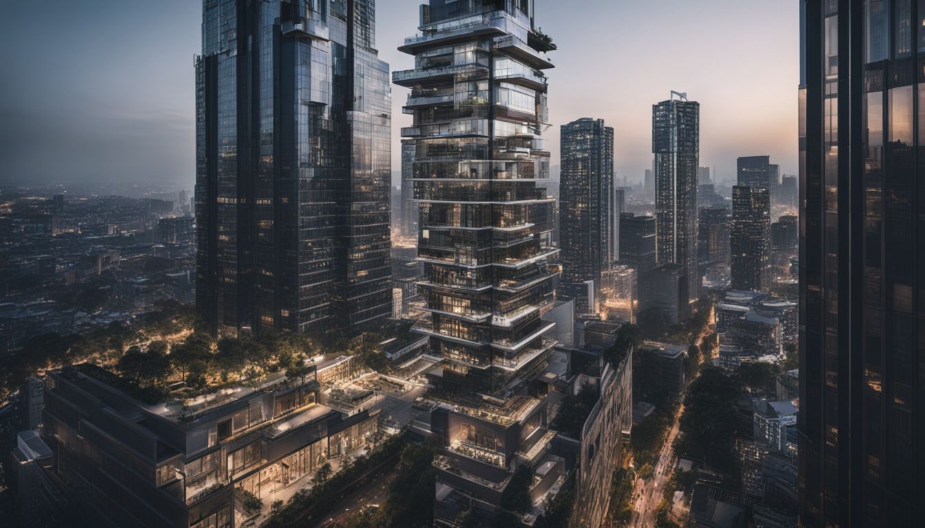 A modern and sustainable high-rise building in a bustling city.