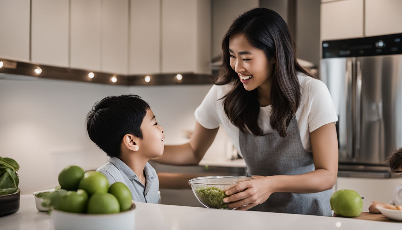 A Vietnamese woman and her son in a modern kitchen.