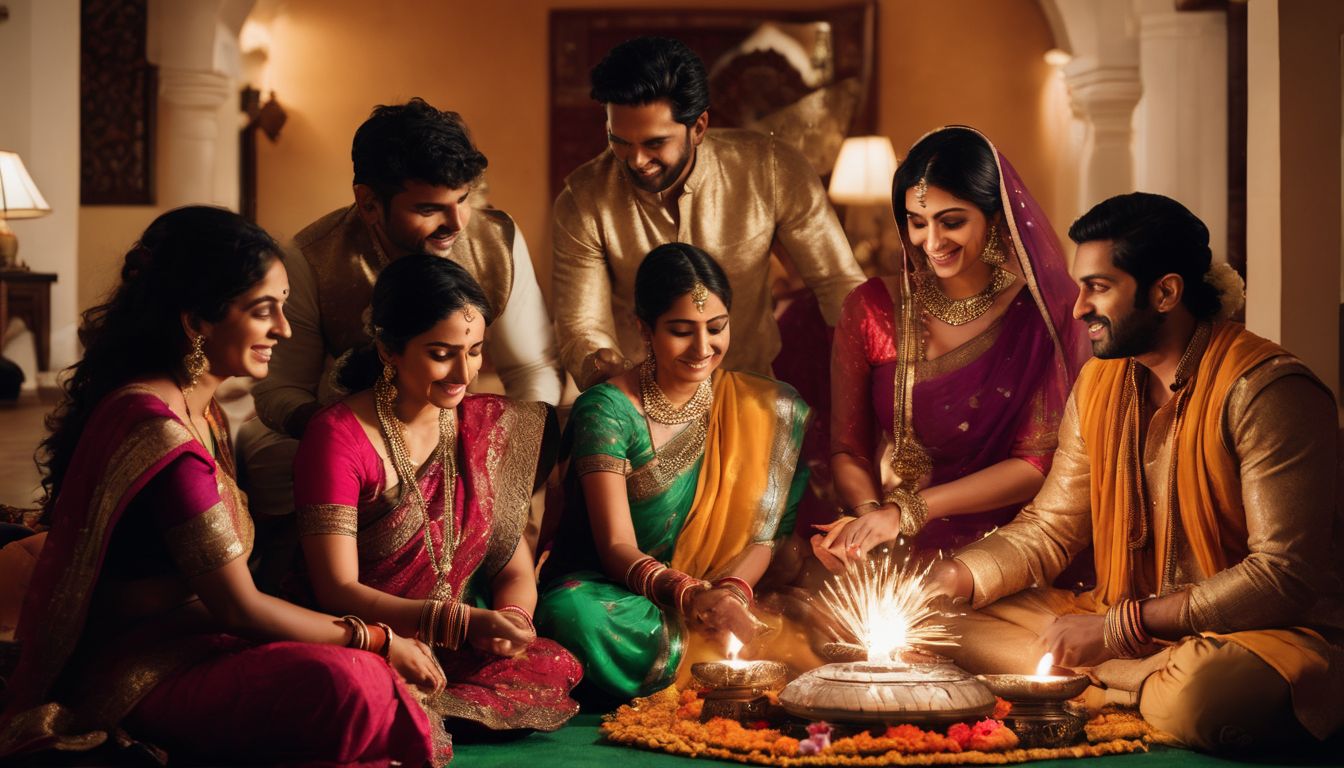 A South Asian family performing a traditional housewarming ritual in their beautifully decorated home.