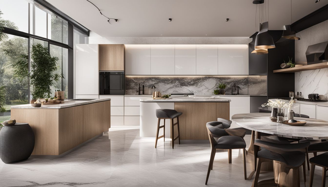 A modern kitchen with sleek appliances and a beautiful marble countertop.