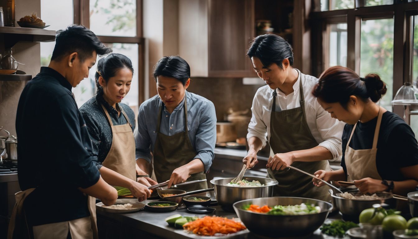 A diverse group of immigrants cooking traditional dishes together in a multicultural kitchen.