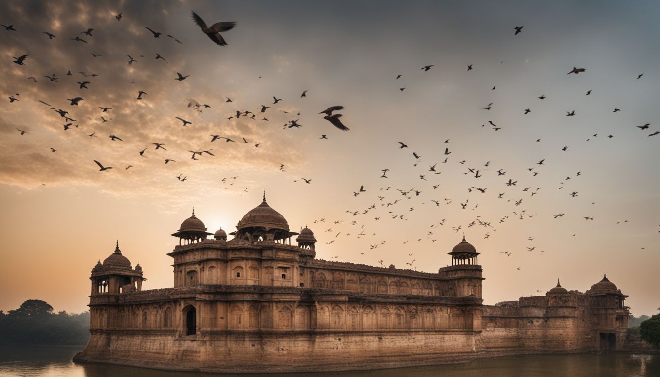 A flock of migratory birds flies over a historical building.