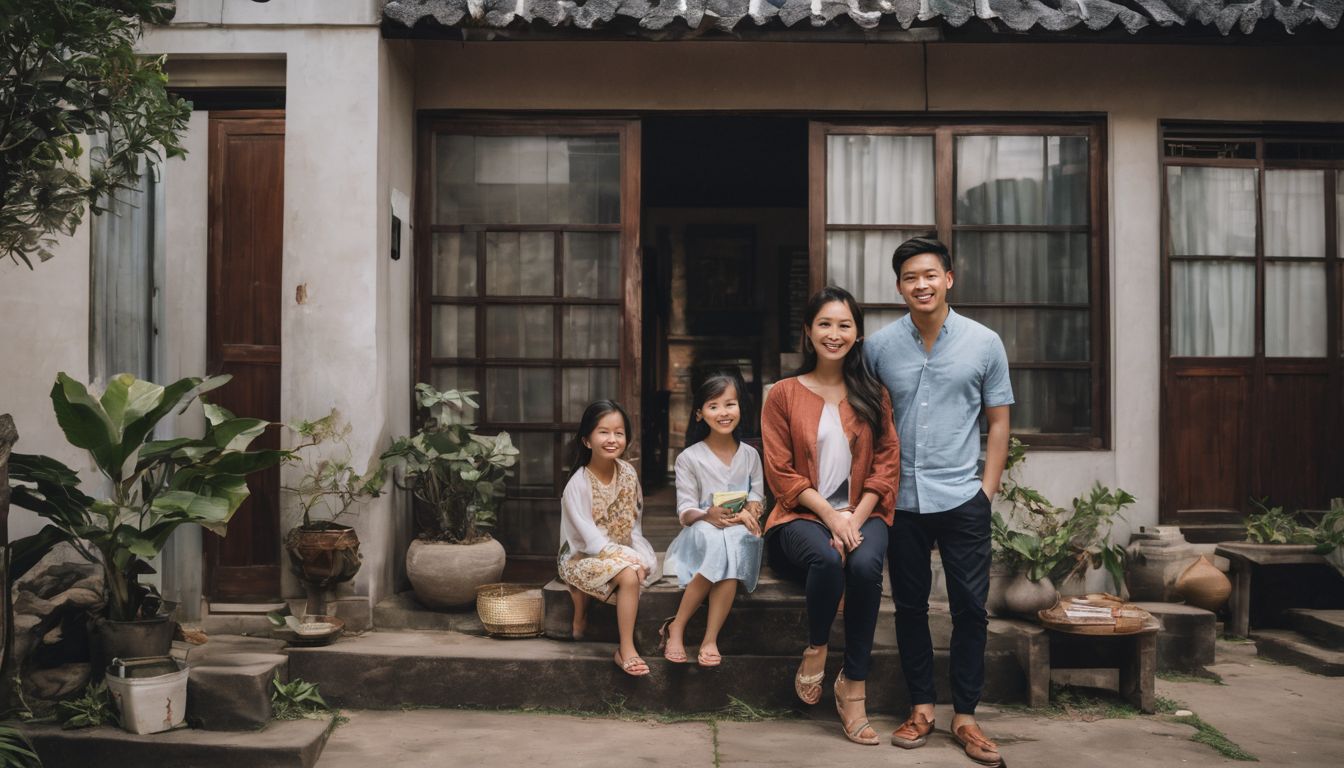 A Vietnamese family poses outside their home with insurance documents.