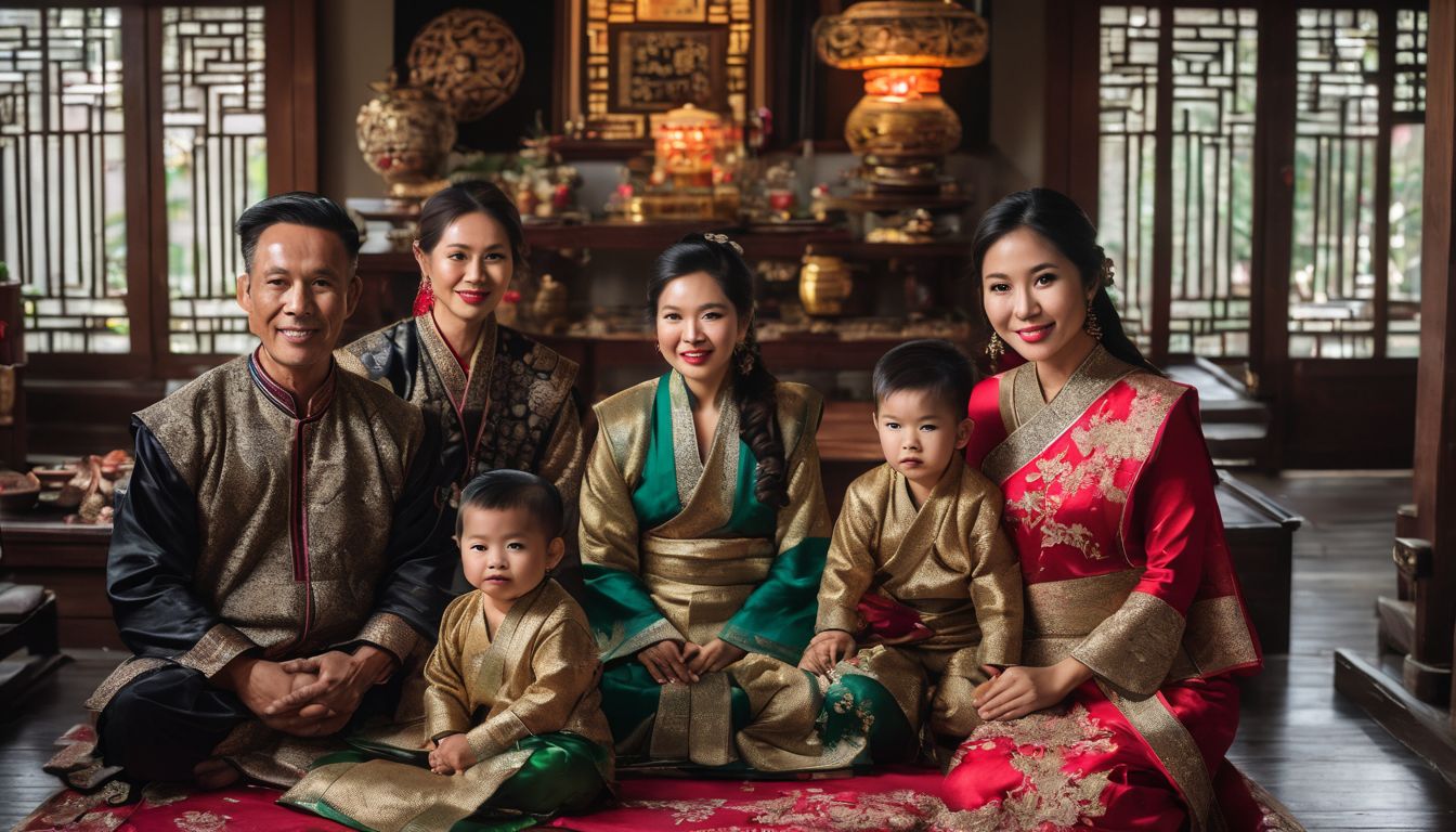 A Vietnamese family in their traditional home surrounded by cultural decorations.