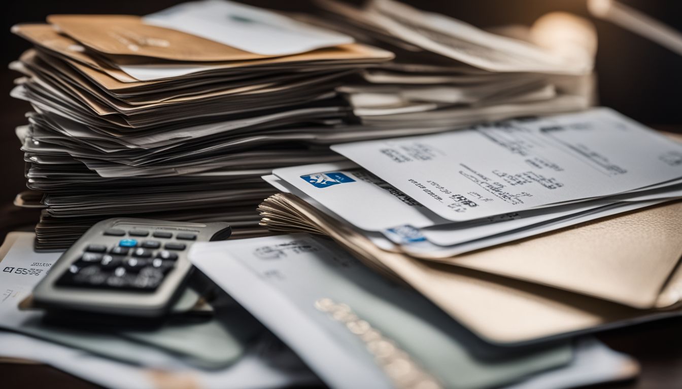 A photo of stacked credit cards surrounded by bills and documents.