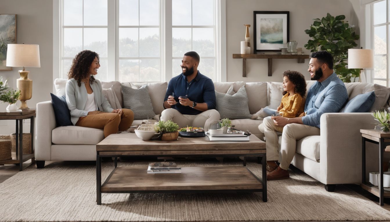 A virtual sofa with a family showcases the potential of virtual staging for buyers.