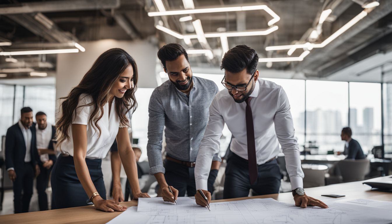 An architect discusses construction plans with real estate developers in a modern office.