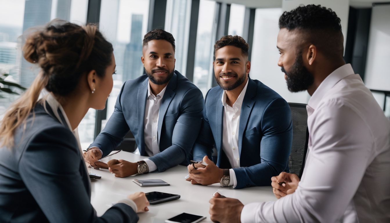 A diverse group of real estate investors discussing investment opportunities in a modern office.