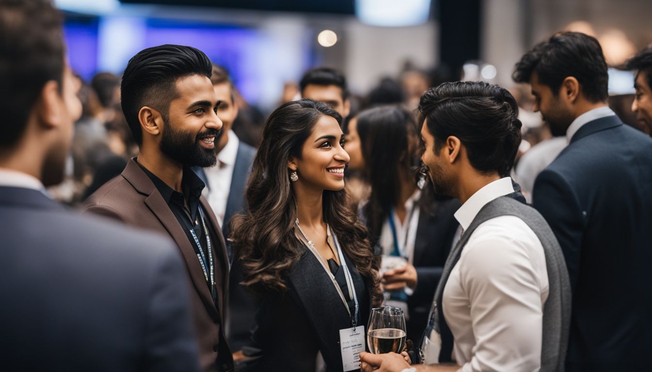 People networking at a conference with diverse faces and hairstyles.