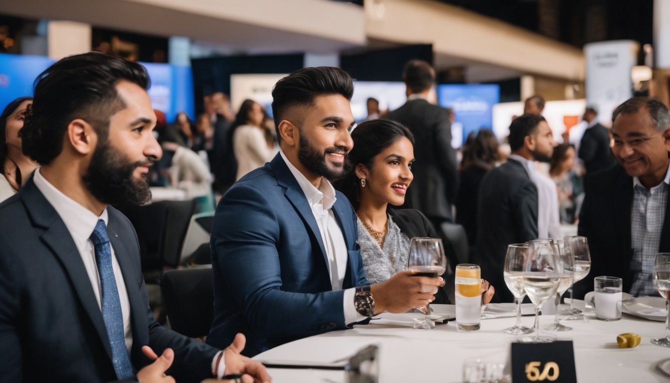 A diverse group of professionals networking at a conference.