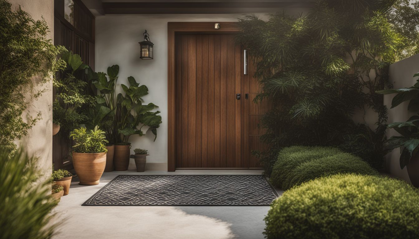 A picturesque front door surrounded by plants and a welcoming garden.