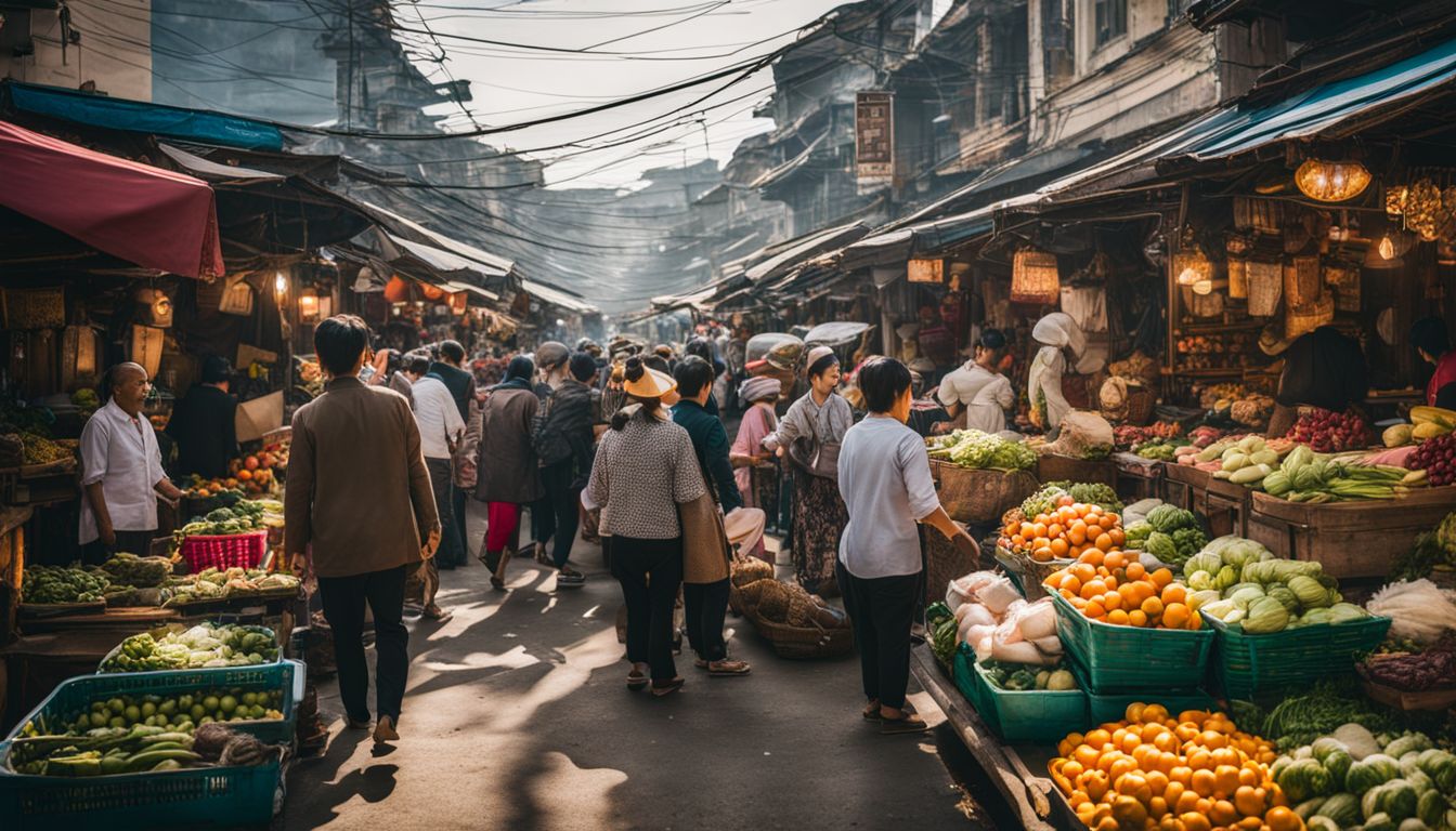 A vibrant Vietnamese market with bustling storefronts and colorful produce.