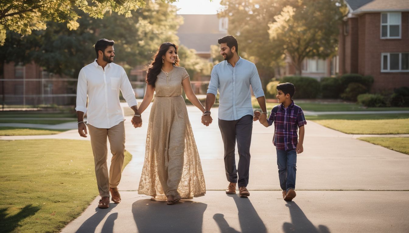 A diverse family walks together towards a suburban school.