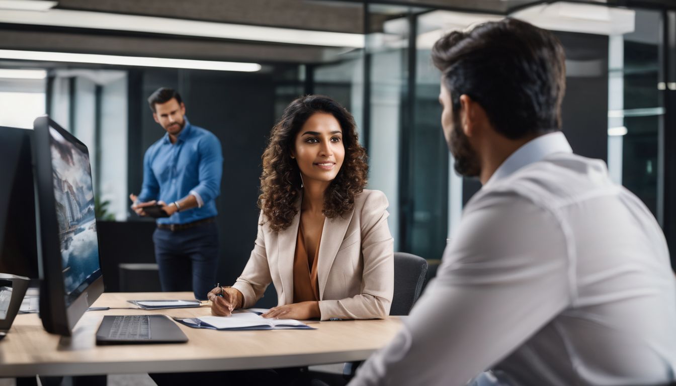 A real estate agent and clients discussing property options in an office.