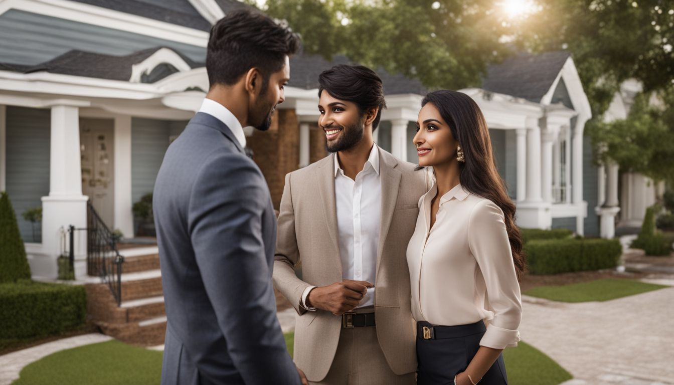 A real estate agent assisting diverse clients in front of a house.