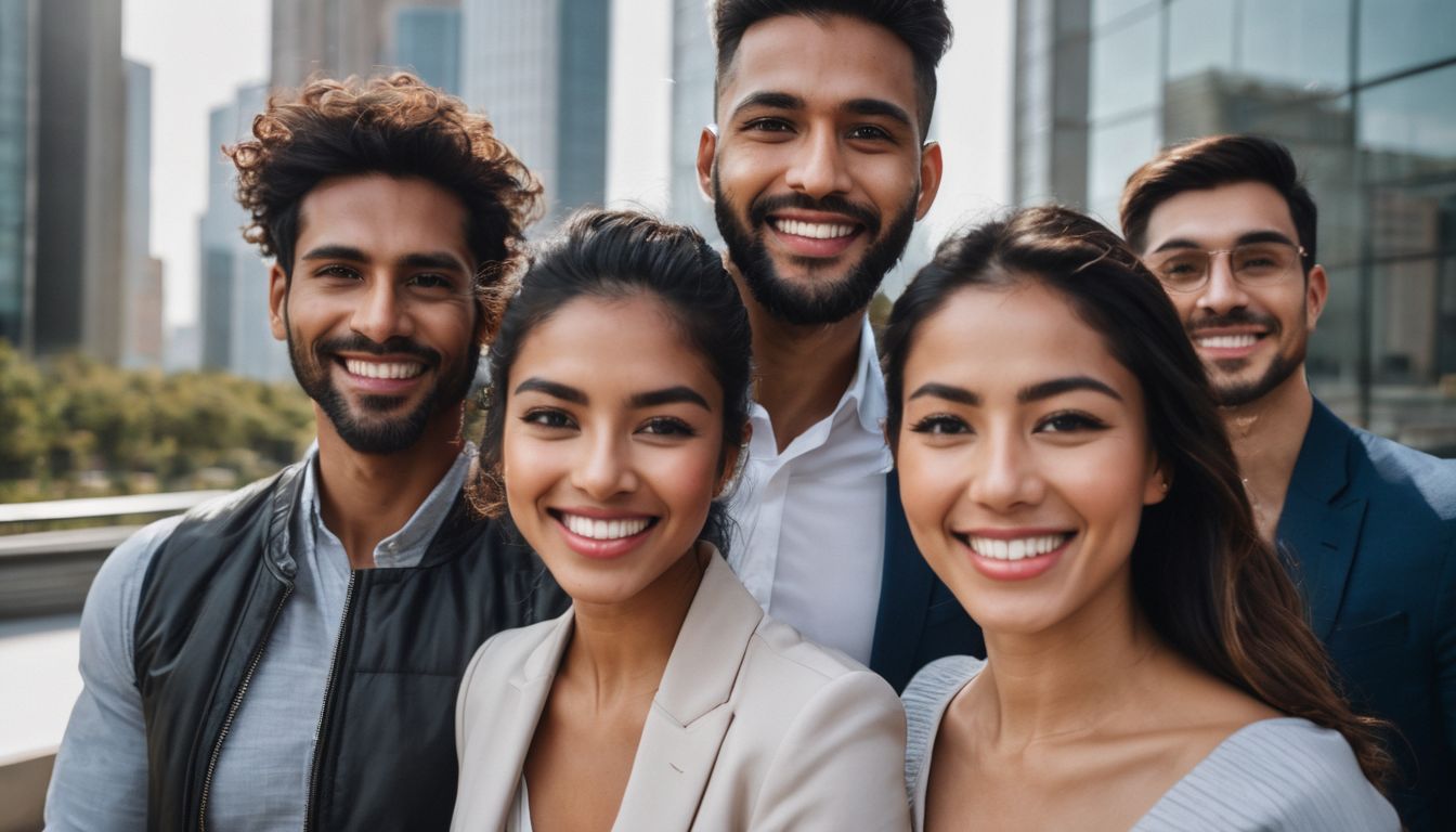 A diverse group of people smiling in front of a modern office building.