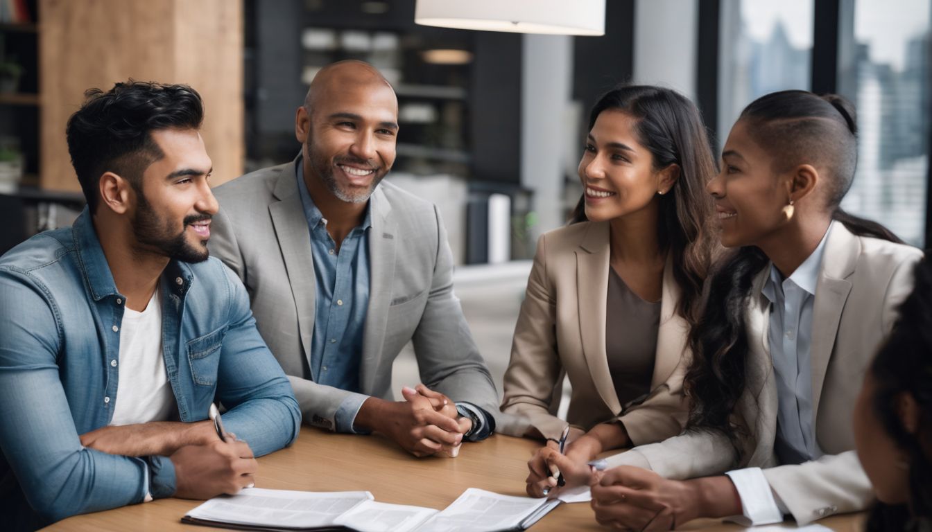 A diverse group conversing in different languages at a real estate office.