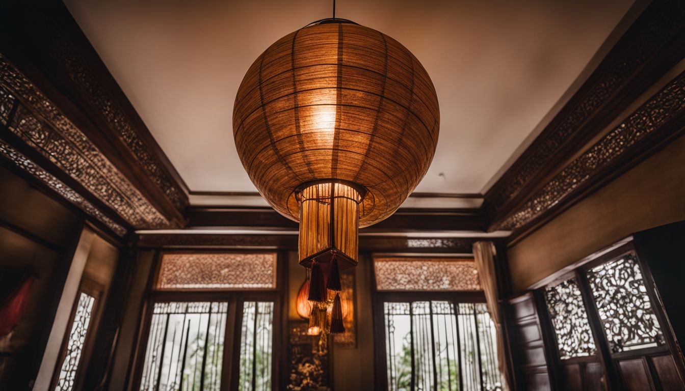 A traditional Vietnamese lantern hanging in a beautifully decorated open house.