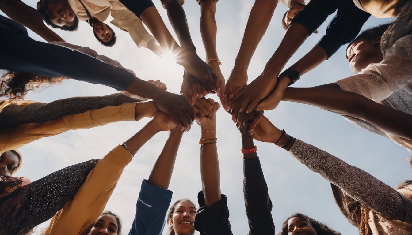 A diverse group of people from different cultures, holding hands in unity.