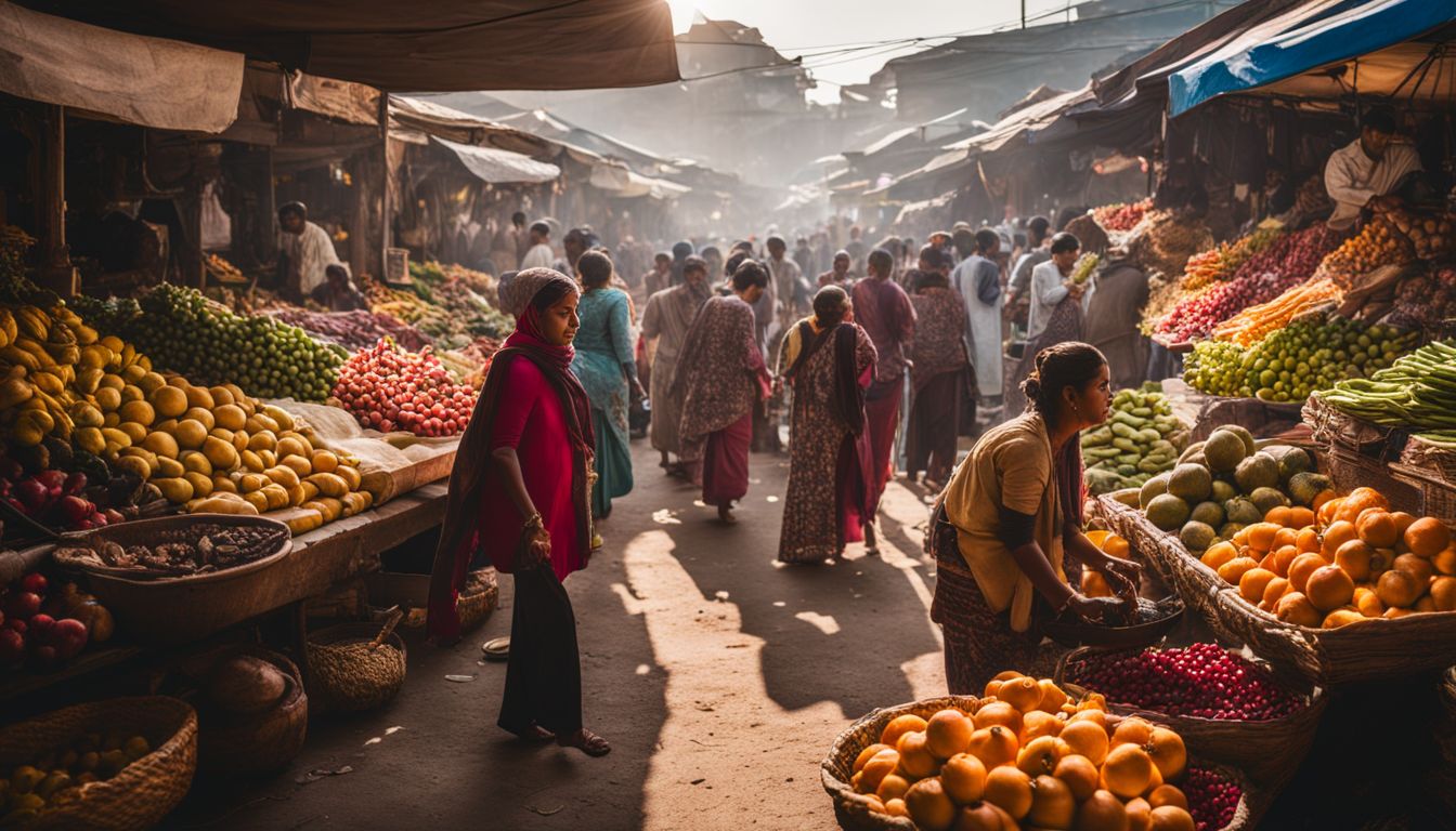 A vibrant marketplace filled with diverse people, produce, and crafts.