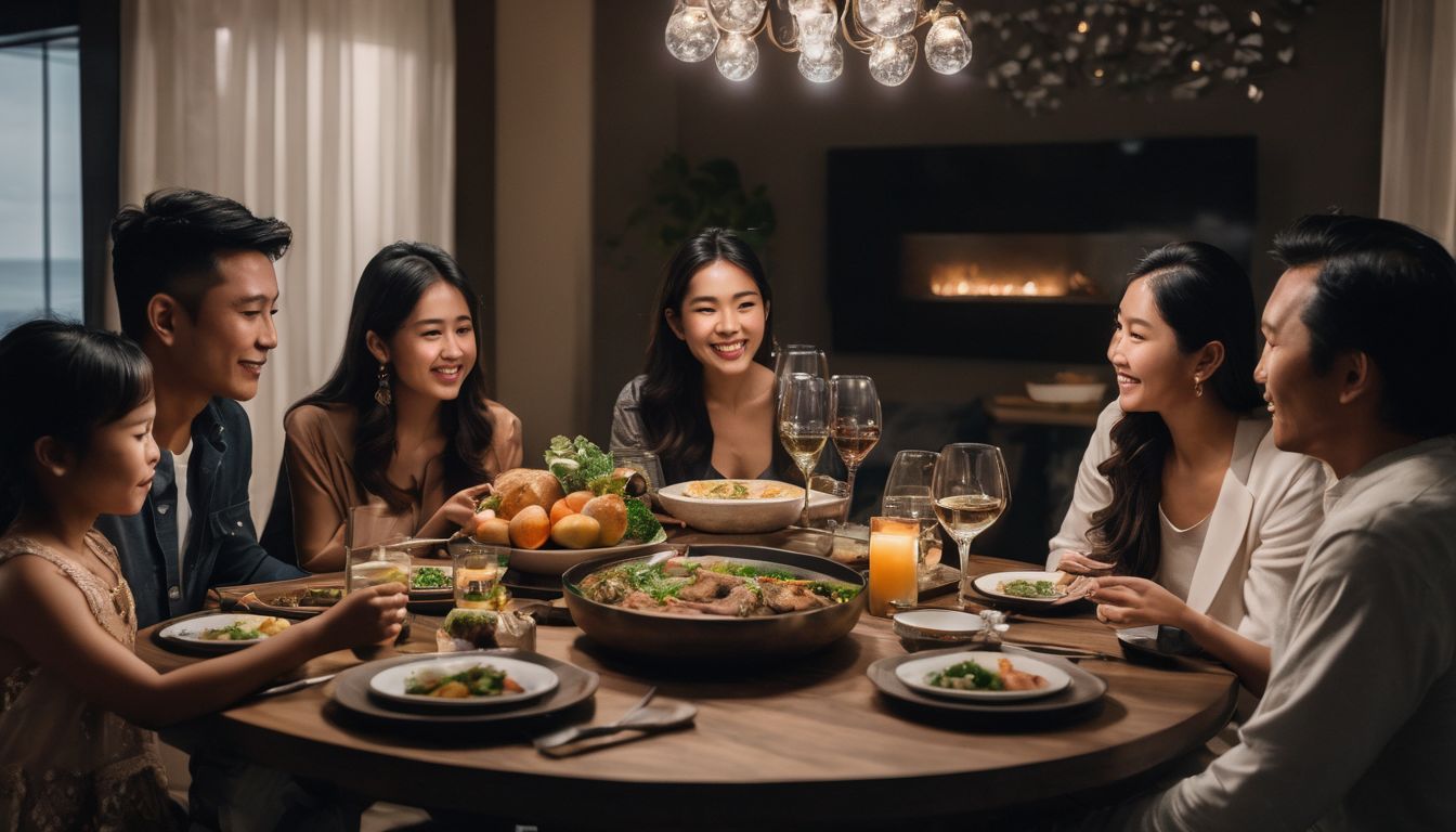 A diverse Asian family shares a meal together in a well-lit room.