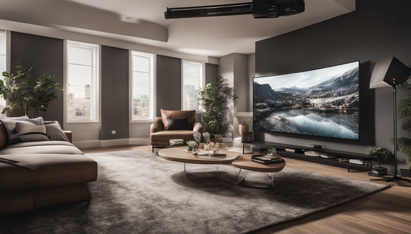 A modern living room with virtual reality goggles and a digital tour.